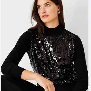 Ann Taylor black sequin cotton sweater mock turtleneck
